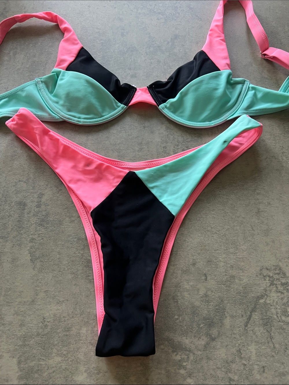 SHEIN Pink Mint and Black Colorblock Bikini Set